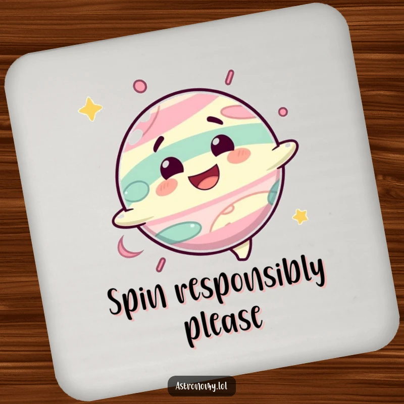 Funny drink coaster with a delighted planet character spinning with a happy grin, offering protection with cosmic humor.