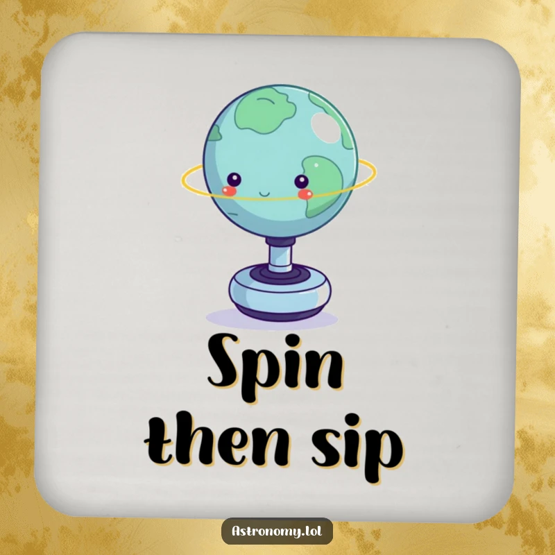 Funny coaster: A small planet wobbling on a fidget spinner, a humorous and practical addition to any table.