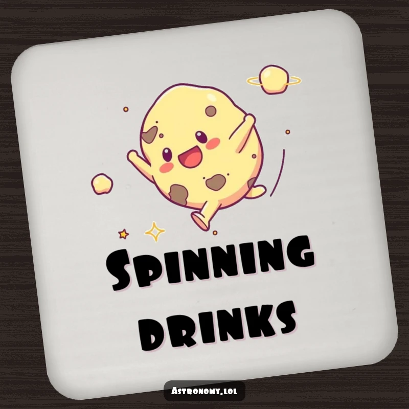 Funny drink coaster showcasing a cheerful asteroid in a cartwheel pose, adding a humorous and protective element to tabletops.