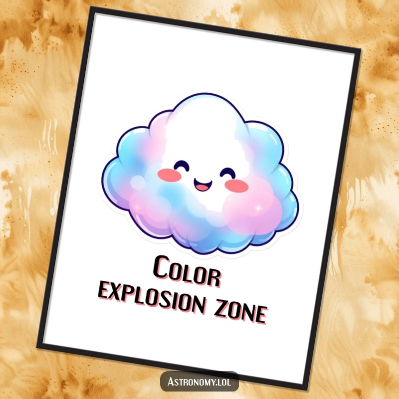 Smiling nebula cloud character expanding with happy, vibrant colors on a poster, creating a joyful cosmic display.