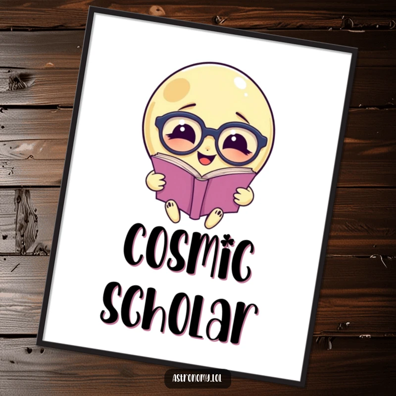 Funny poster: A smiling moon wearing oversized glasses reads a book, a humorous depiction of nighttime learning.