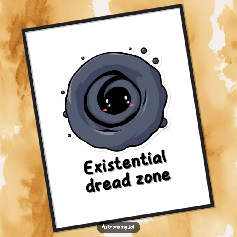 Funny Black Hole Poster showcasing a curious character with a hypnotic swirling vortex, adding a humorous cosmic touch to any room.