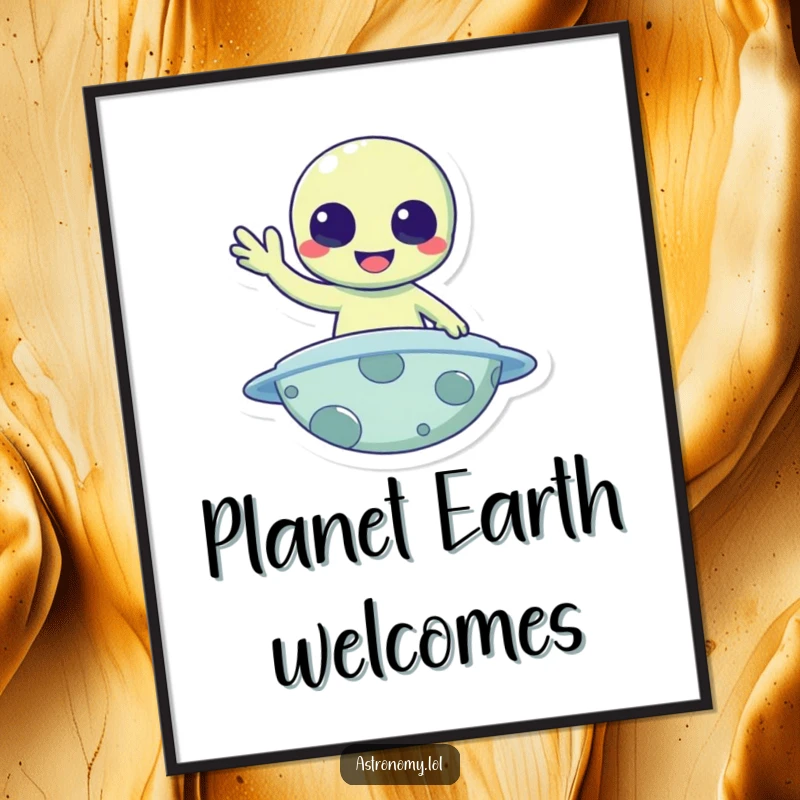 Funny Poster: A cheerful alien character waves hello from a colorful planet, exuding friendliness.