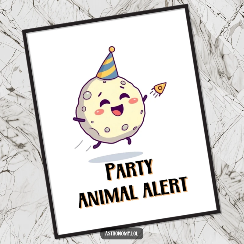 Funny asteroid poster of a giggling character in a party hat being chased by a comet, adding a humorous dynamic to walls.