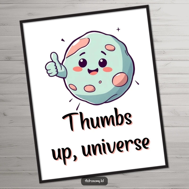 Funny poster depicting a bouncing asteroid character giving a cheerful thumbs up, perfect for adding a playful and positive cosmic vibe.