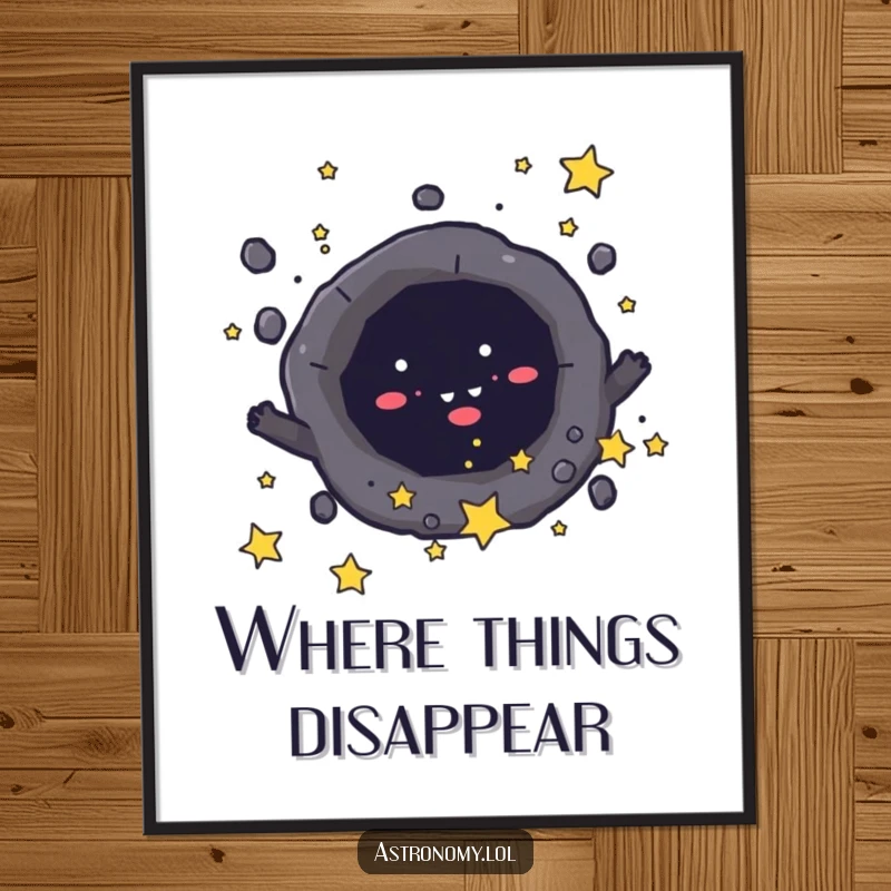 Funny poster art of a mischievous black hole character playfully drawing in tiny stars, creating a cosmic spectacle. Unique gift.