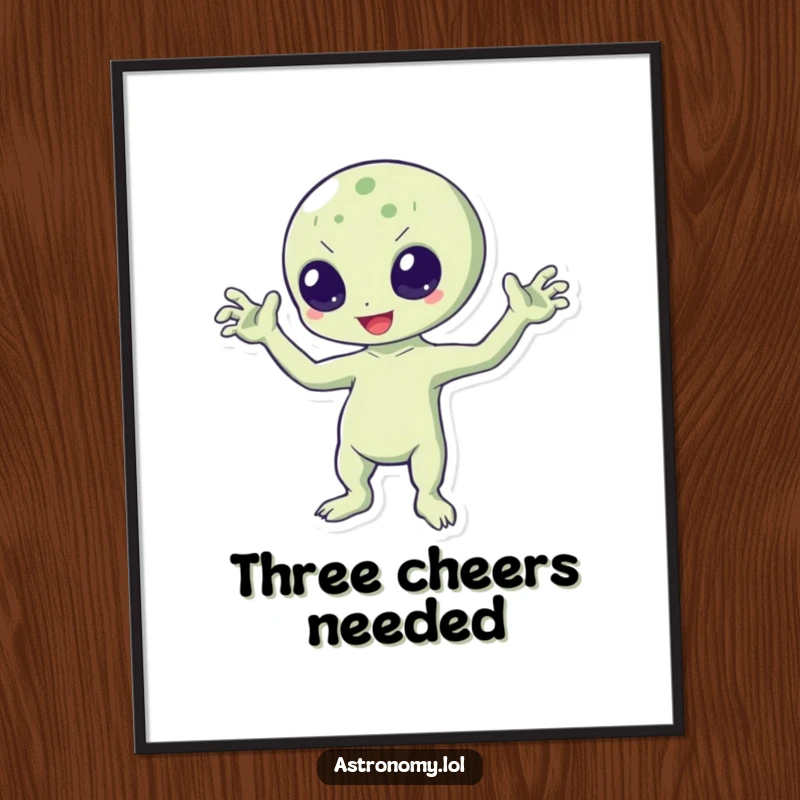 Funny poster depicting a cartoony, bouncing alien character joyfully waving with all three arms, adding fun to any wall.