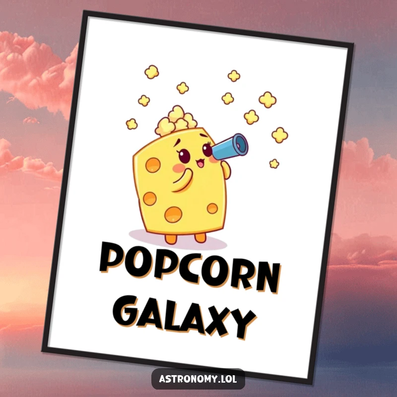 Funny poster: A cheese cube using a telescope to view popcorn stars, showcasing a humorous cosmic snack scene.