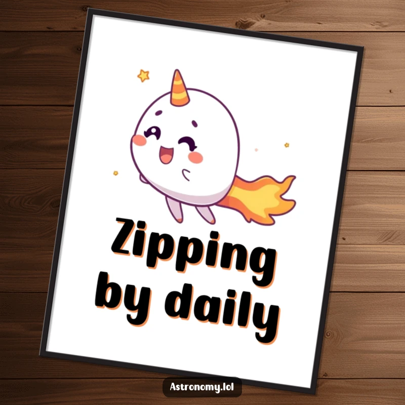 Funny comet poster depicting a cheerful character with a fiery tail zipping through space, dynamic and humorous wall art.