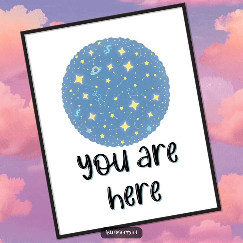 Funny poster showcasing a curious constellation cluster playfully twinkling, designed to bring cosmic wonder and playful charm to any room.