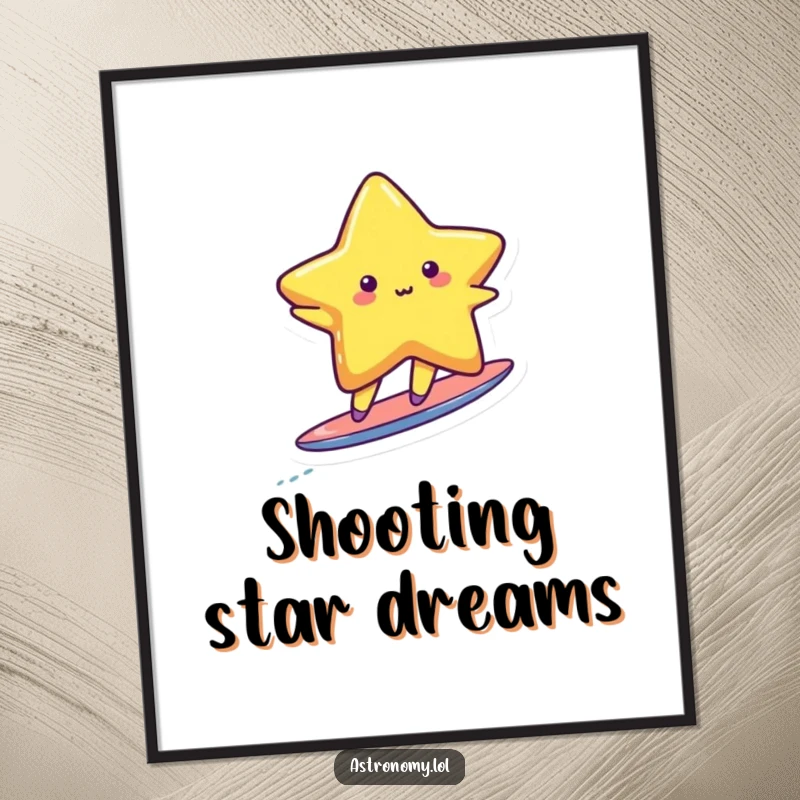 Funny cute star character actively surfing on a tiny, streaking comet tail, creating a dynamic and humorous visual.