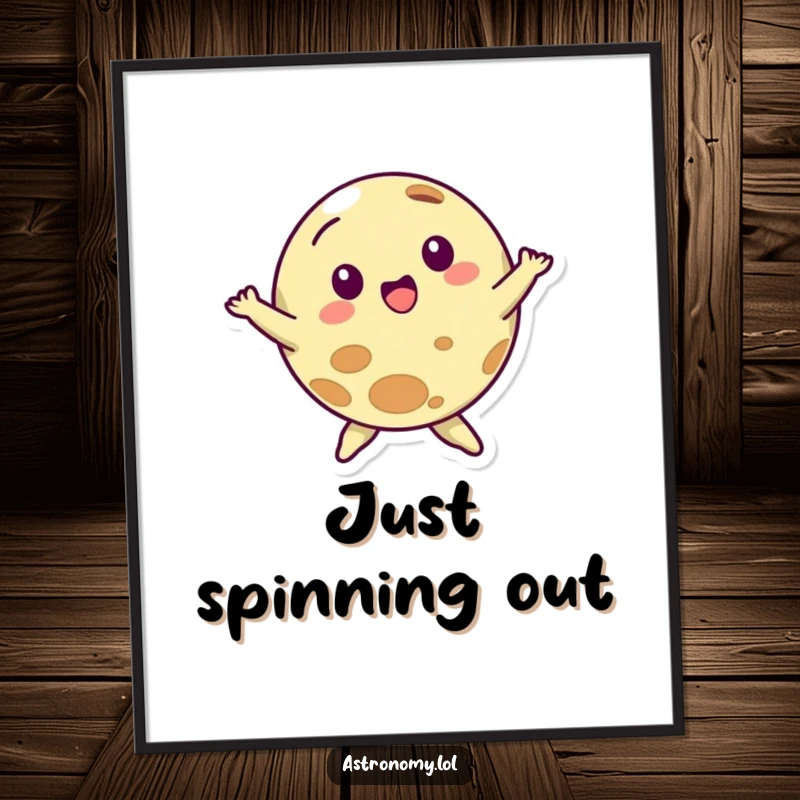 Funny poster of a planet character spinning gleefully, its surface depicted with a cheerful expression, ideal for home decor.