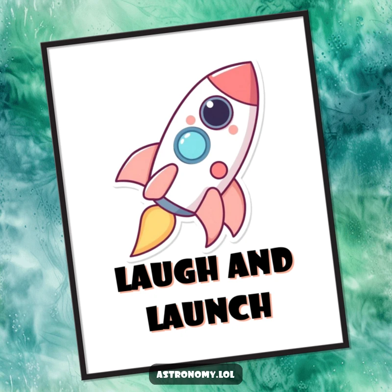 Funny happy rocket ship character joyfully launching upwards, leaving a shimmering trail of giggles in space.