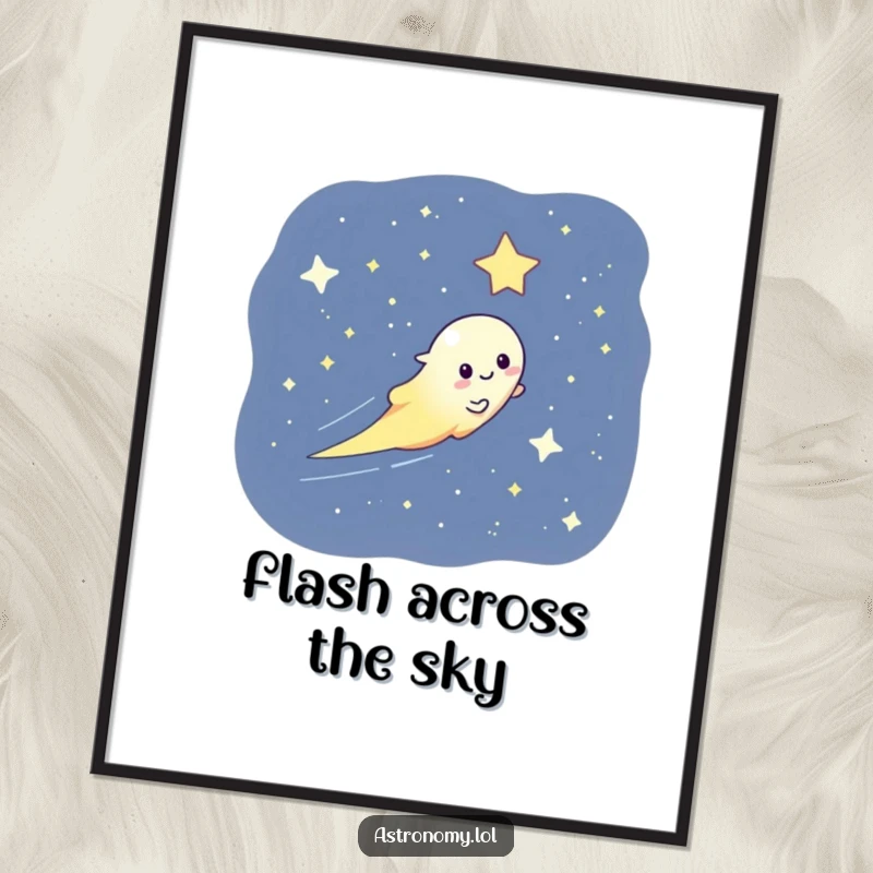 Funny poster art of a playful comet character streaking across a starry night sky, capturing celestial movement.