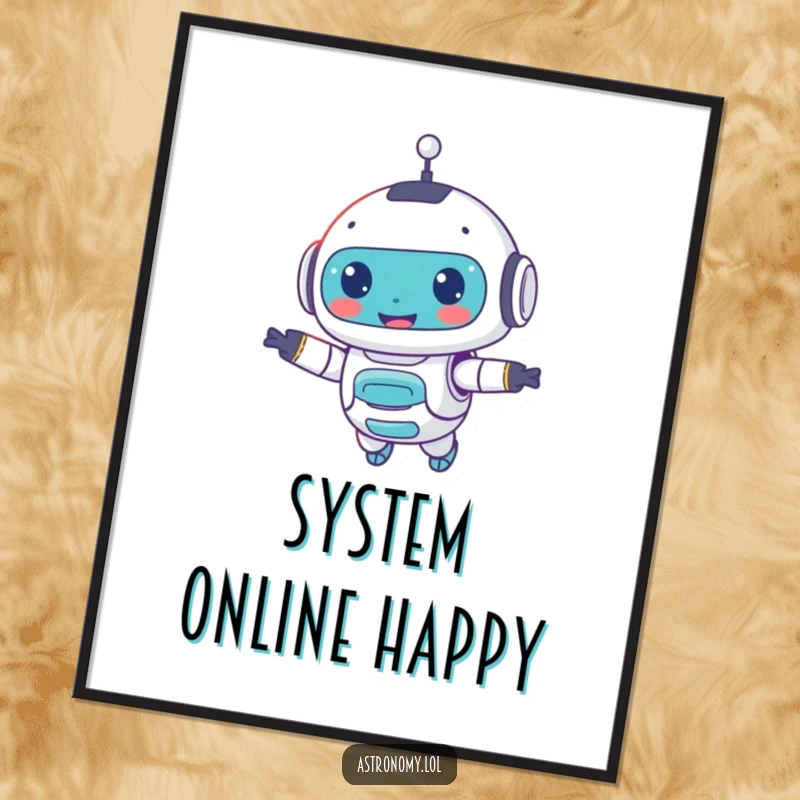 Funny poster displaying a small, smiling robot companion floating gracefully, adding a cheerful and artistic AI touch.