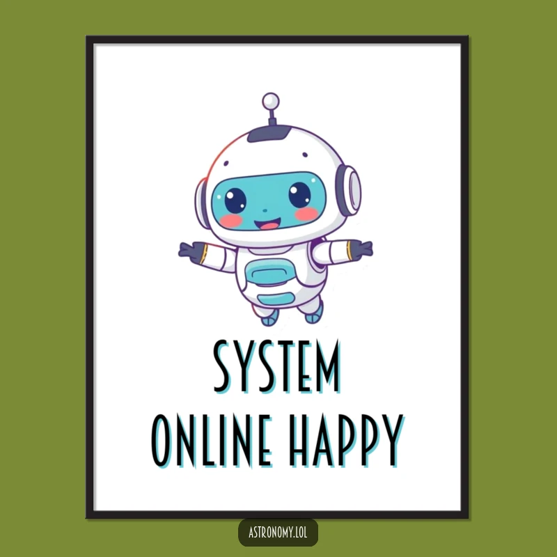 Funny Robot Companion Poster: Adorable Smiling AI Floats, Perfect Wall Art, Great Gift