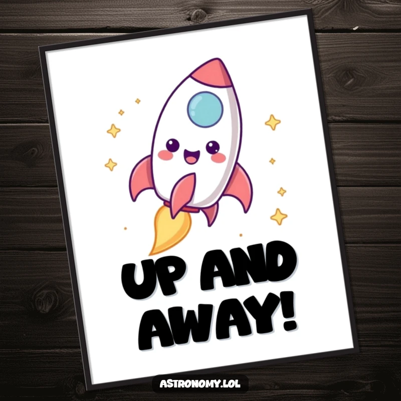 Funny rocket ship poster showing a delighted character blasting off with a bright, cheerful trail, adding excitement to decor.