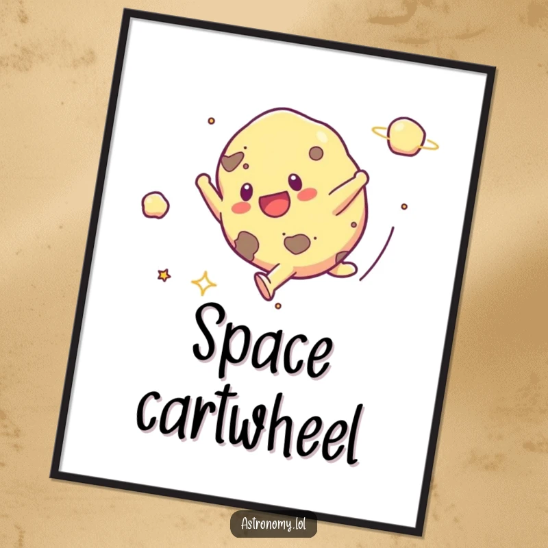 Funny poster showcasing a dynamic asteroid mid-cartwheel in space, with a cheerful expression, bringing playful energy to wall decor.