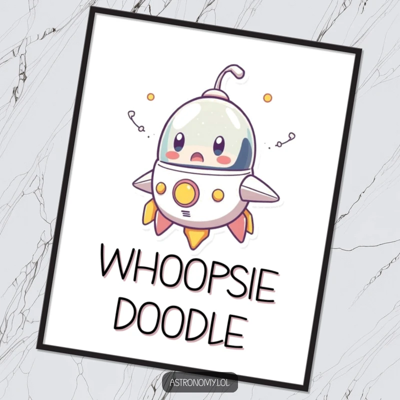 Funny poster depicting a shocked spaceship character amidst cartoonish smoke trails, creating a humorous and eye-catching piece of wall art.