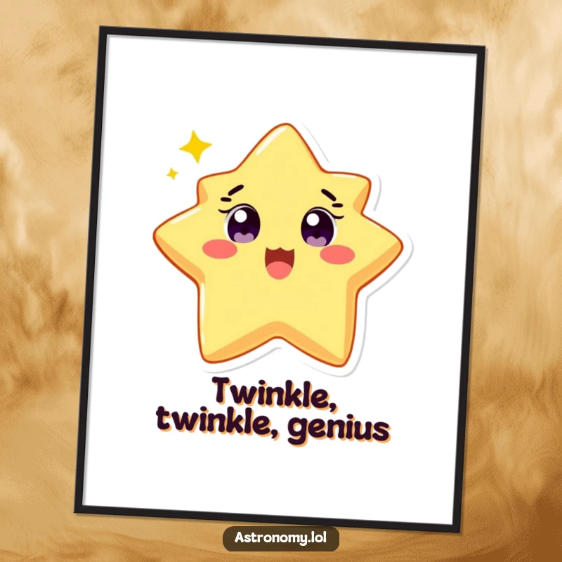 Funny poster art of a delighted star character twinkling brightly with wide eyes, radiating positive energy. Bright decor gift.