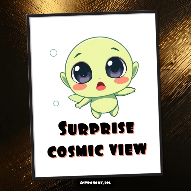 Funny surprised alien character with gigantic eyes, floating in space, creating a humorous and eye-catching focal point.