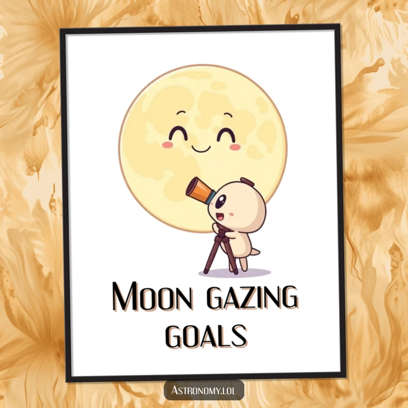 Funny poster art of a surprised telescope character observing a large, smiling moon, creating a celestial wonder. Unique gift.