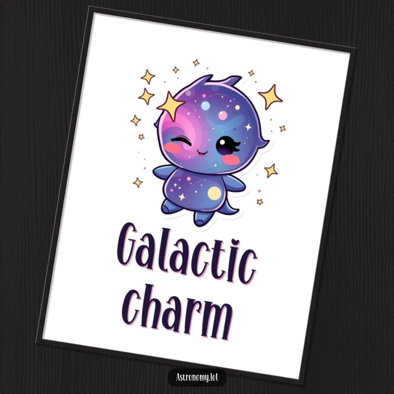 Winking galaxy character swirling with cheerful stardust on a poster, creating a mesmerizing cosmic display.