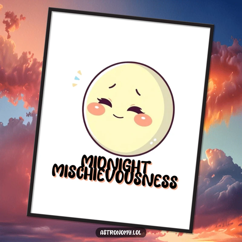 Funny playful moon character winking slyly against a starry backdrop, presented as humorous wall art.