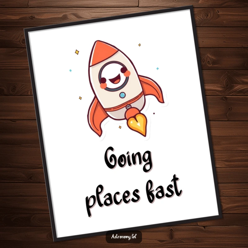 Funny rocket ship poster depicting a happy character grinning while blasting off into space, inspiring wall decor.
