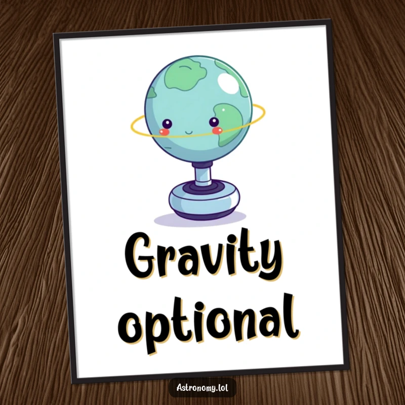 Funny poster: A tiny planet precariously balancing on a spinning fidget toy, a humorous and artistic depiction.