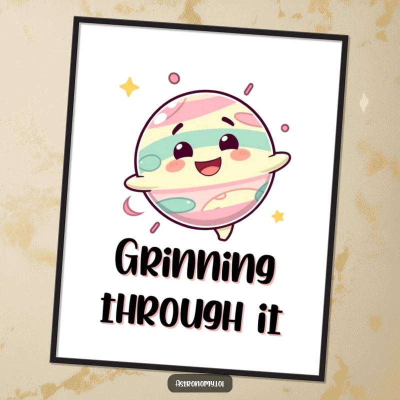 Funny poster art of a delighted planet character spinning with a happy grin, adding cosmic cheer.