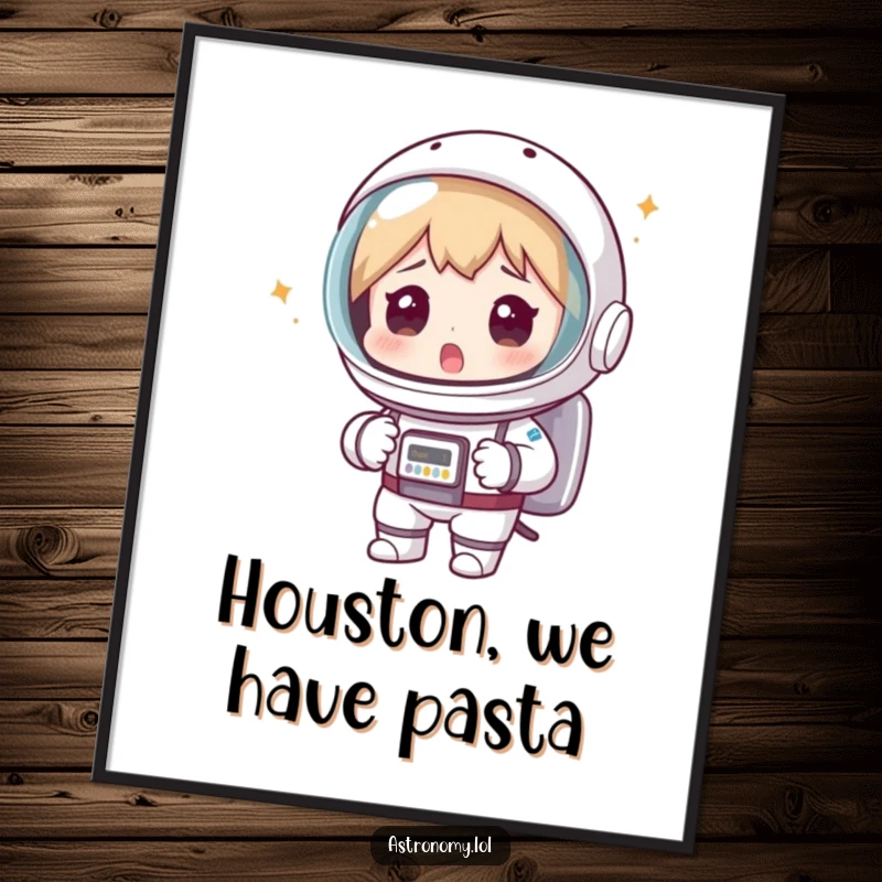 Funny astronaut poster depicting a surprised spaceman’s funny mistake of wearing a colander as a helmet, adding humor to walls.