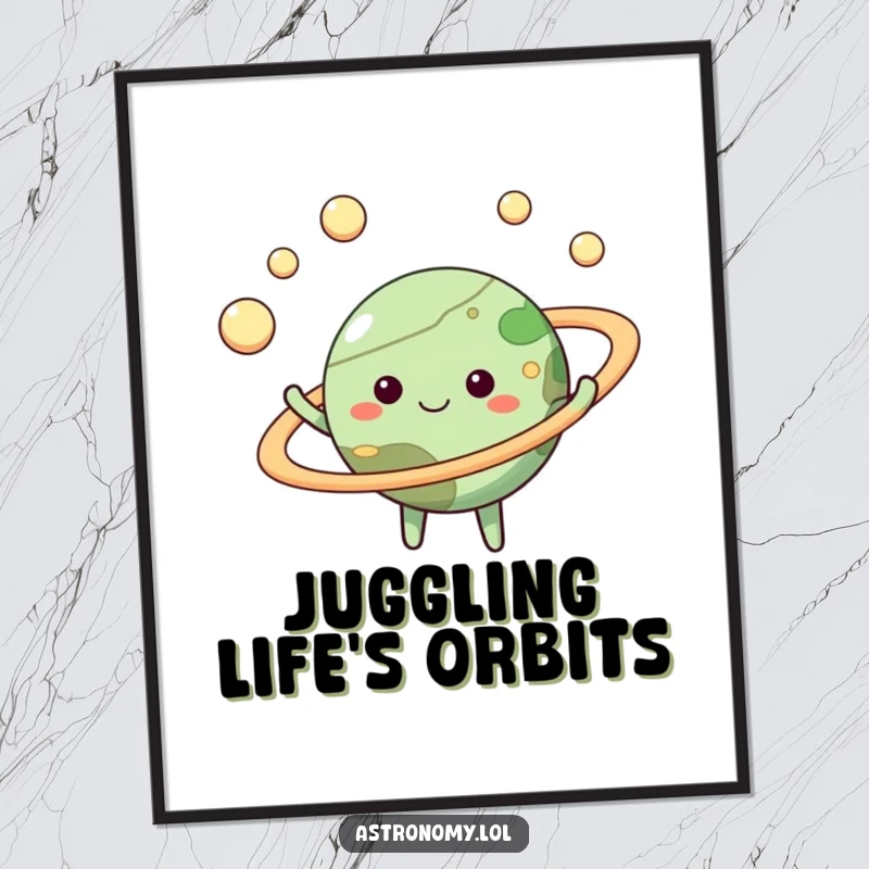 Funny planet poster featuring a happy celestial body joyfully juggling miniature moons within its vibrant rings, a cheerful artwork.