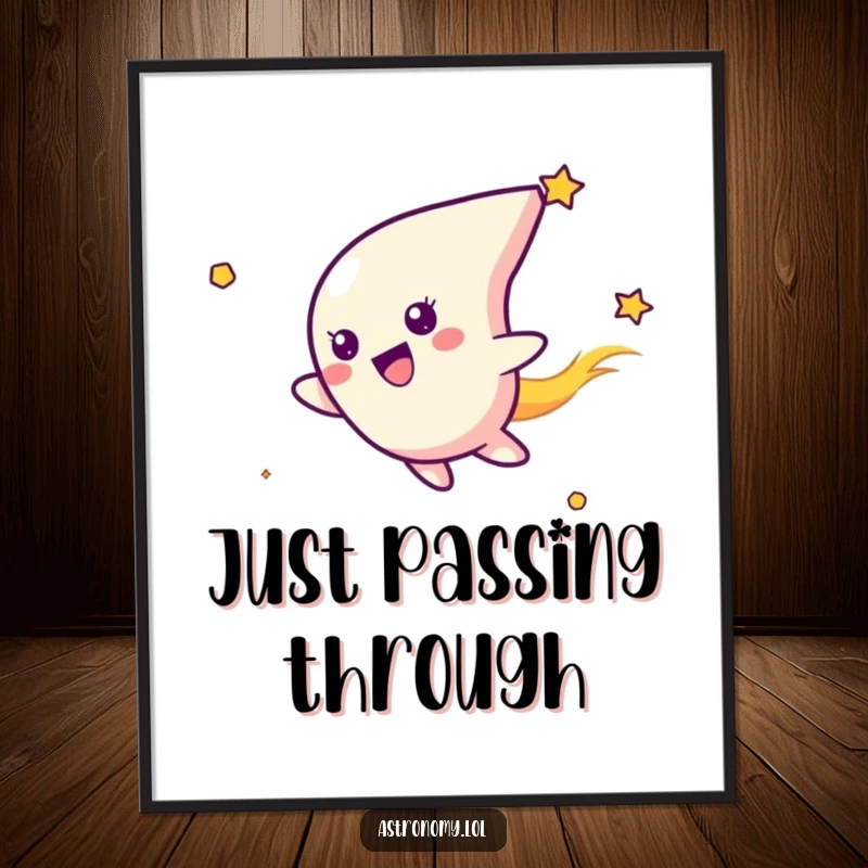 Funny poster showcasing a delighted comet character zooming through space, rendered in a vibrant style to bring cosmic fun and laughter to your decor.