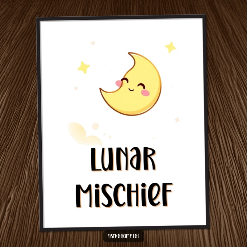 Funny poster of a giggling moon character winking from the night sky, bringing playful cosmic energy to your wall.