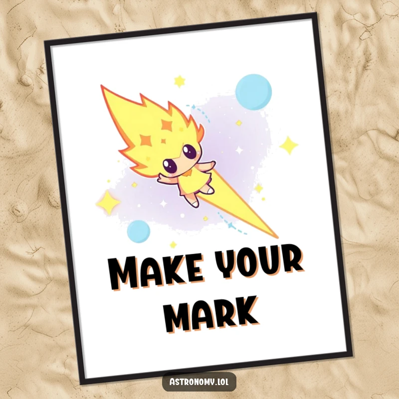 Funny determined meteor character blazing across a dark night sky in a dramatic poster print, full of energy.