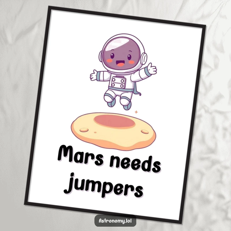 Funny joyful astronaut character bouncing with glee on a colorful, uneven alien terrain, creating dynamic wall art.