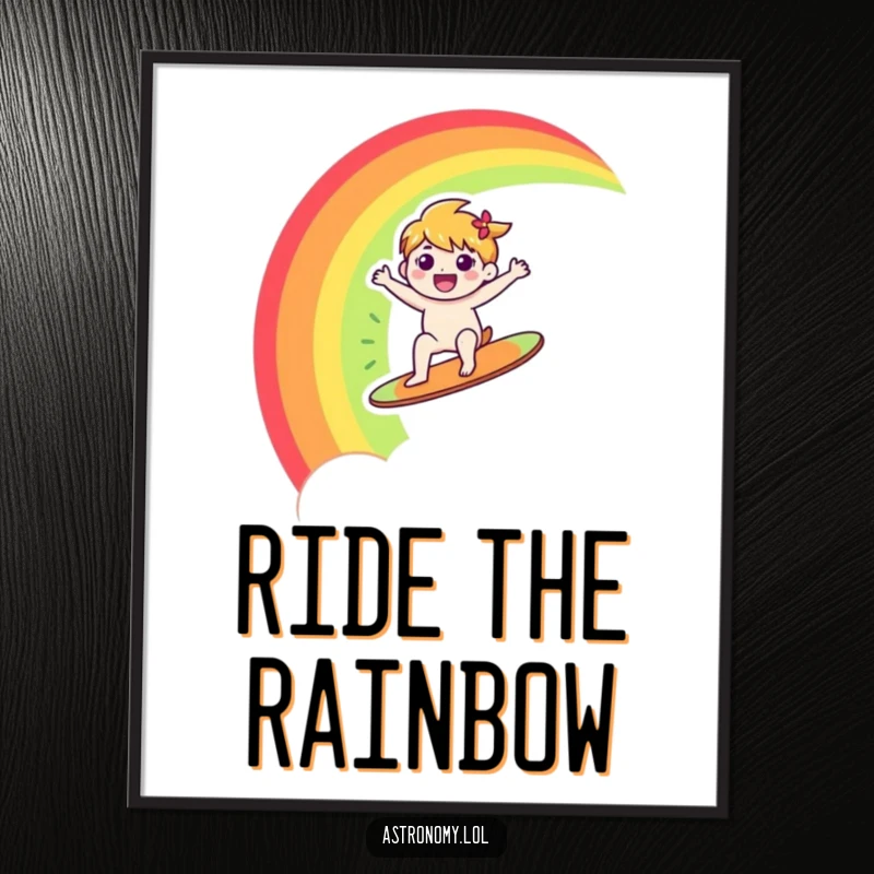 Funny poster of a happy character joyfully surfing a rainbow across the sky, embodying a sense of freedom and pure delight.