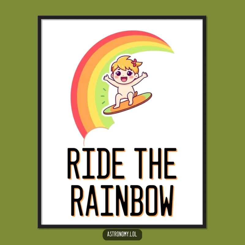 Funny Rainbow Poster: Happy Character Surfs Rainbow, Cheerful Funny Gift