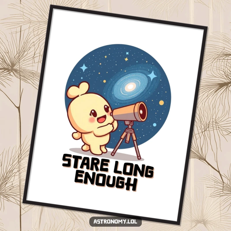 Funny telescope character exploring a vibrant, winking galaxy in a high-quality poster print, adding cosmic charm.
