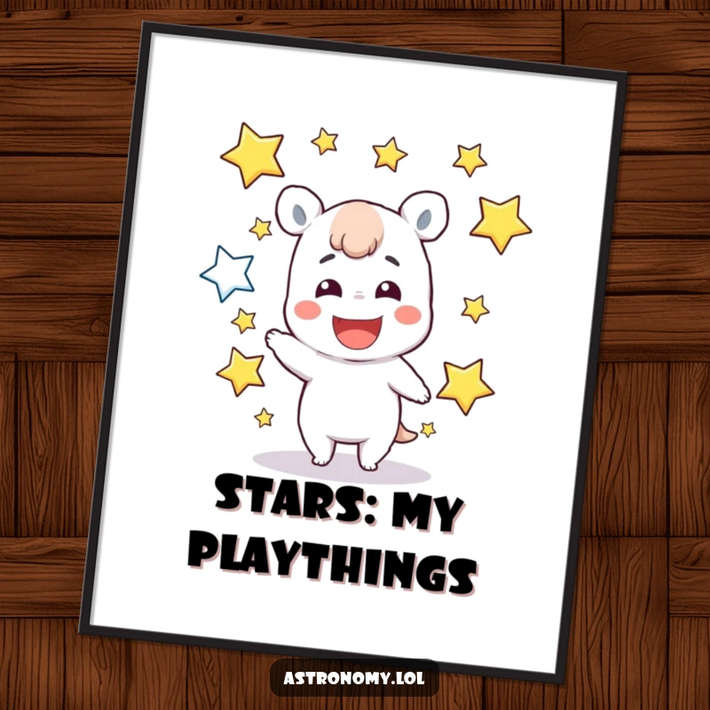 Funny Poster: A cheerful character with an infectious grin juggles numerous sparkling stars, creating a dynamic and joyful visual.