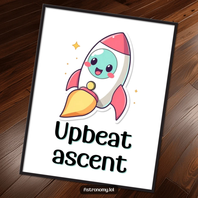 Funny cheerful rocketship character blasting off with a smile, presented as humorous wall art.