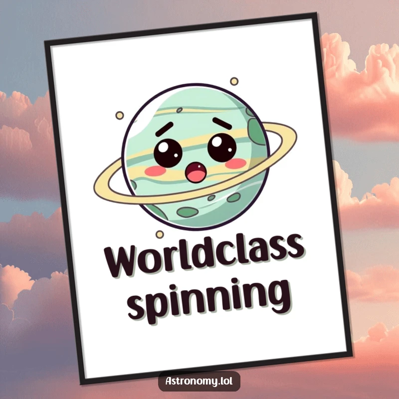 Funny planet poster showcasing a stylized character with a surprised expression, caught in a dizzying spin, great decor.