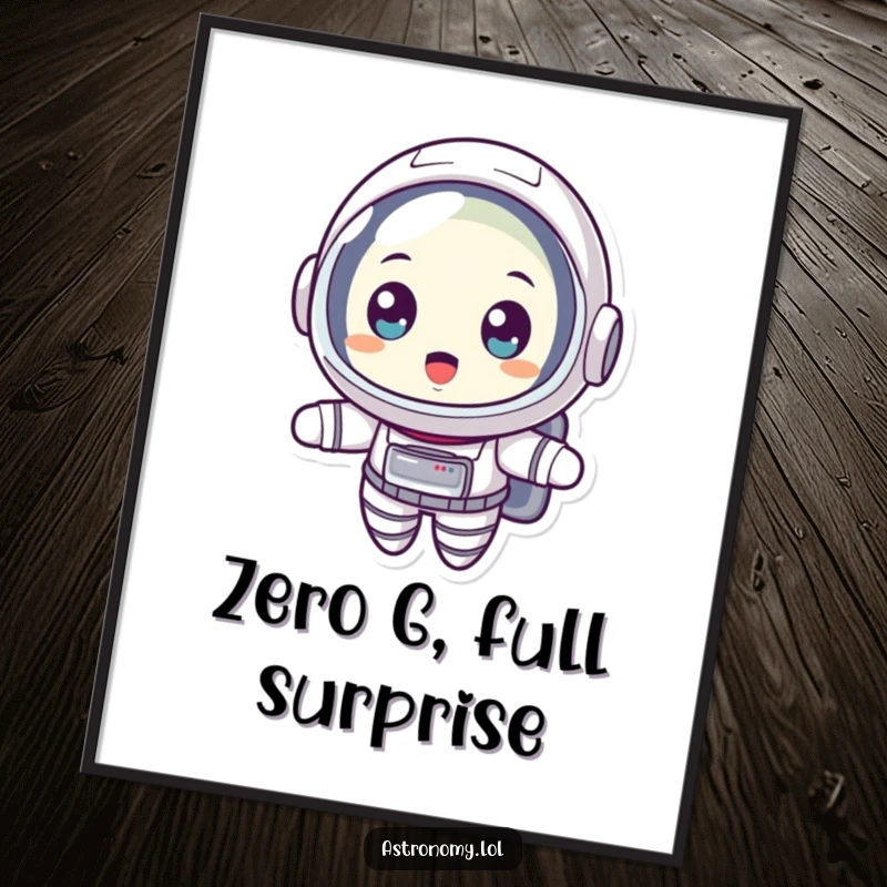 Funny poster of a surprised astronaut floating with wide eyes, capturing a moment of cosmic shock and wonder for your wall.