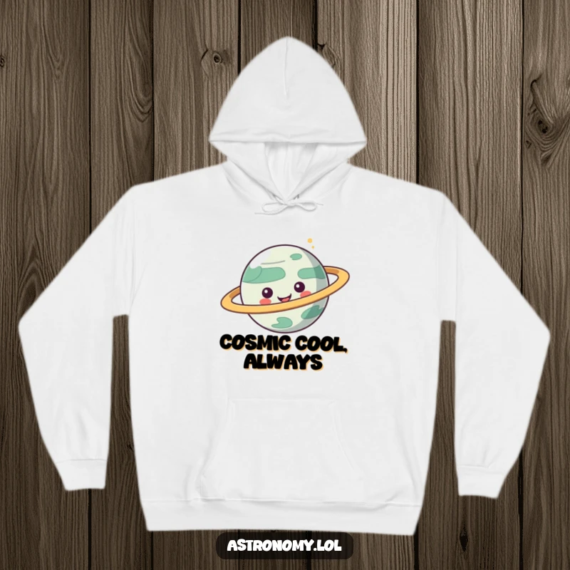 Funny hoodie with a playful planet character, featuring dynamic spinning rings for a humorous and cozy celestial vibe.