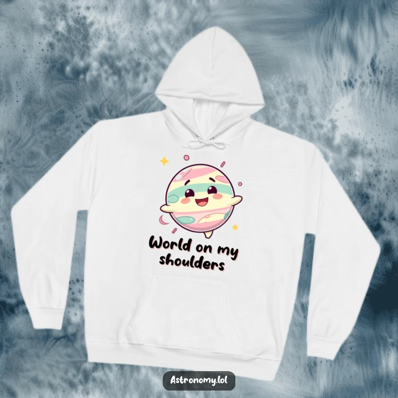 Funny hoodie featuring a delighted planet character spinning with a huge smile, perfect for cozying up.