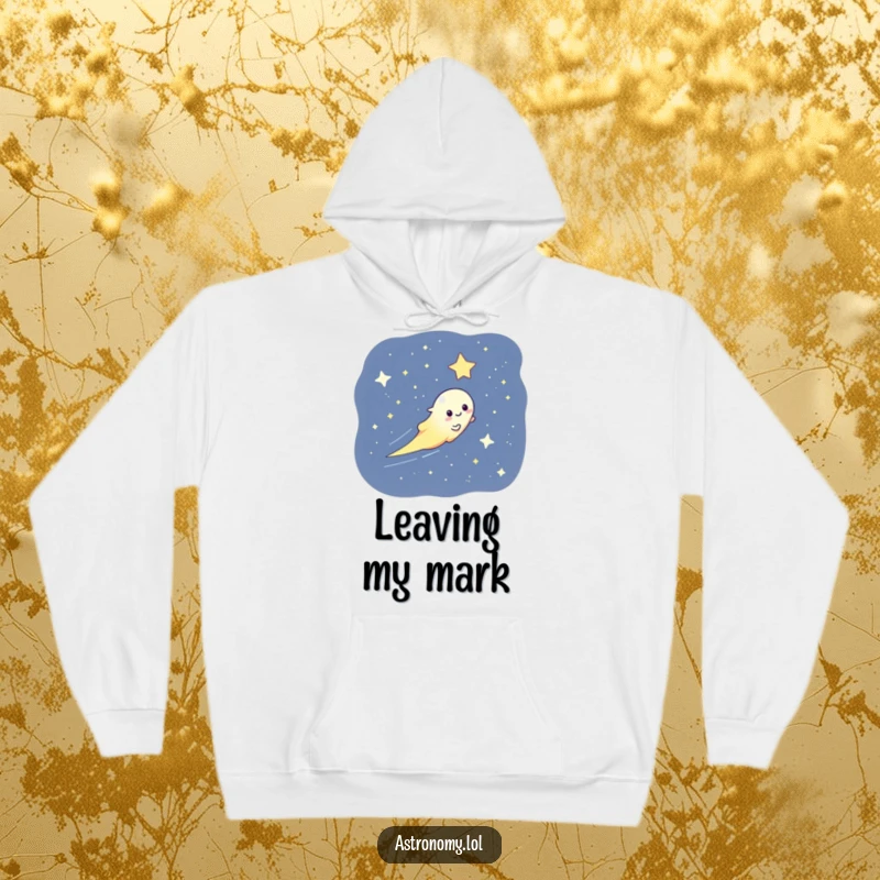 Funny hoodie featuring a playful comet streaking across a starry sky, offering warmth and cosmic inspiration.