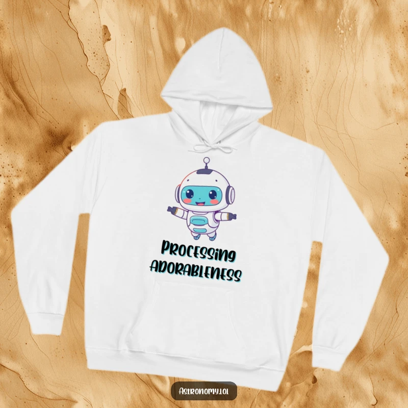 Funny hoodie featuring a cute, smiling robot companion floating serenely, offering comfort and a touch of AI charm.