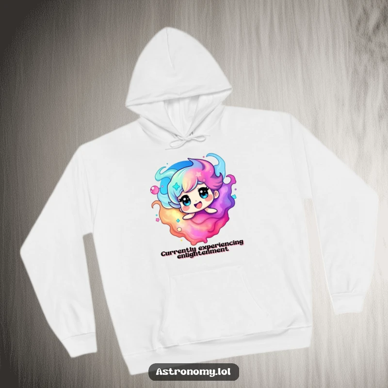 Funny nebula hoodie with a delighted character swirling in vibrant cosmic hues, offering warmth and stellar style.