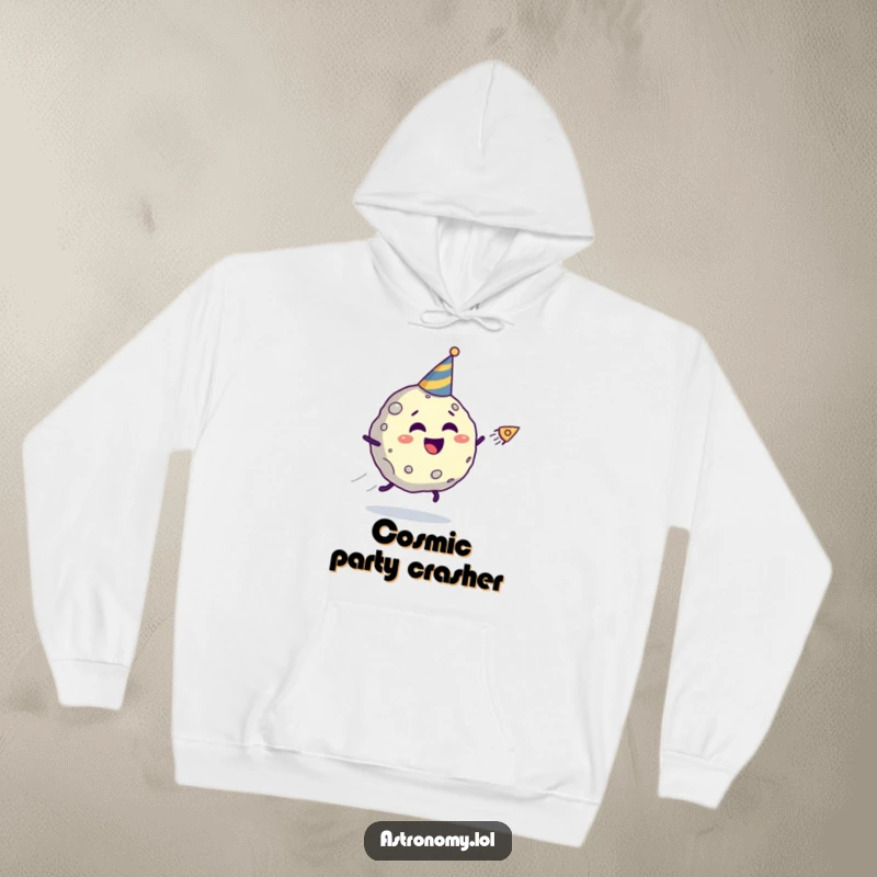 Funny asteroid hoodie with a giggling character in a party hat, illustrated being chased by a comet, offering comfort and humor.